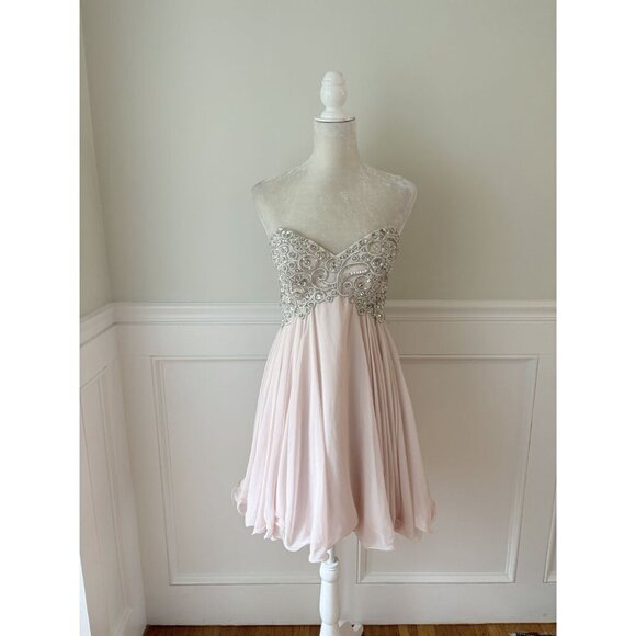 Xscape NWT Strapless Pink Chiffon Embellished Babydoll Dress 12 NEW Corset Back - Picture 2 of 7
